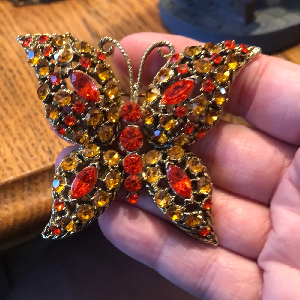 Vintage Runway Orange Yellow Rhinestone Butterfly Statement Brooch
